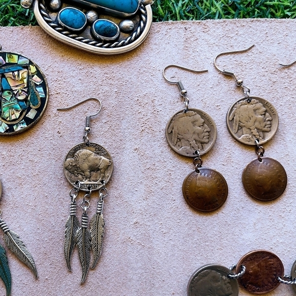 Handmade VINTAGE Domed Indian Penny with Buffalo Nickel Silver Cascade Earrings - Picture 2 of 8